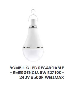 BOMBILLO LED RECARGABLE 9W E27 100-240V 6500K WELLMAX #2203909