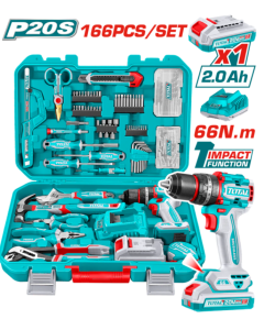 JUEGO HERRAMIENTAS TOTAL 166 PIEZAS CON TALADRO 20V