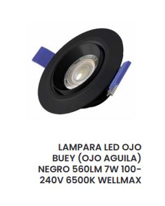 LAMPARA LED OJO BUEY (OJO AGUILA) NEGRO 560LM 7W 100-240V 6500K WELLMAX #2100472